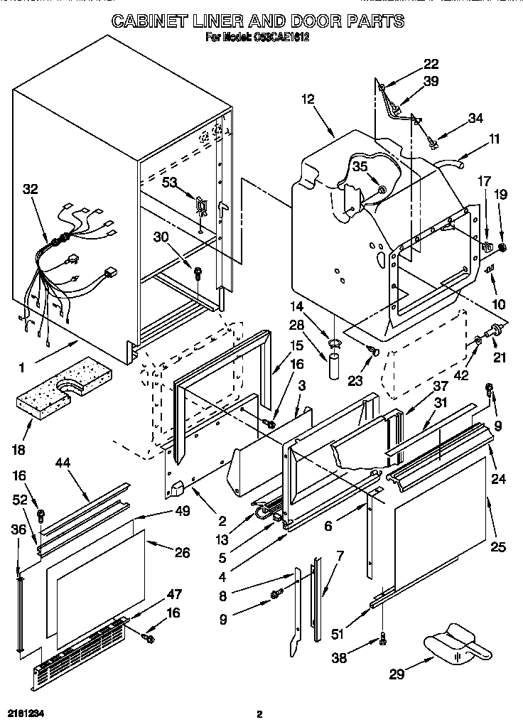 Whirlpool O53CAE1612 cabinet liner and door diagram