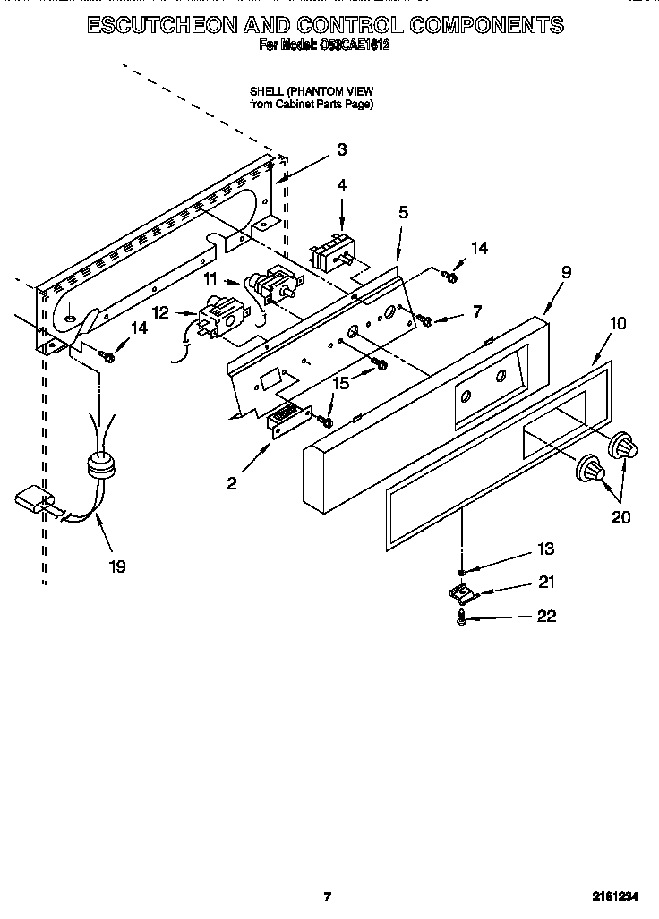 Whirlpool O53CAE1612 escutcheon and control components diagram
