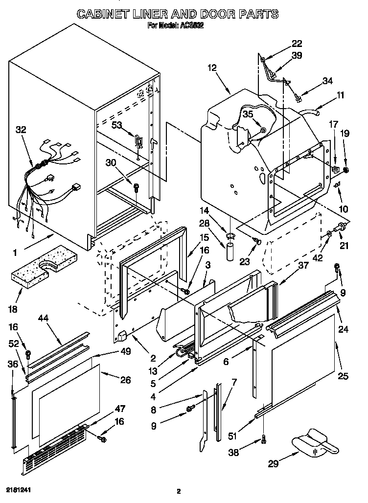 Whirlpool ACS502 cabinet liner and door diagram