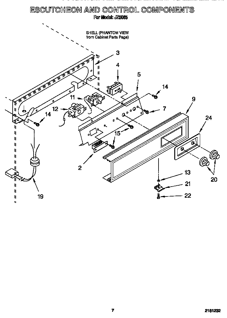 Whirlpool JZ5065 escutcheon and control components diagram