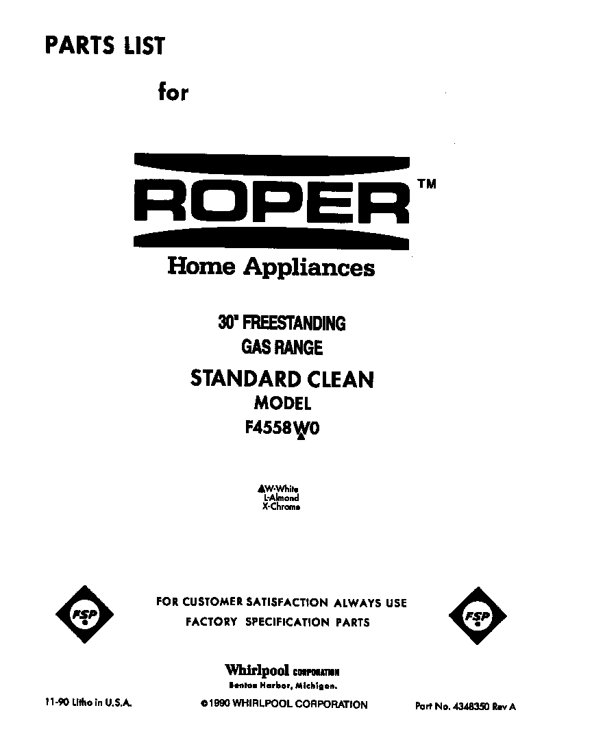 Roper F4558W0 front cover diagram