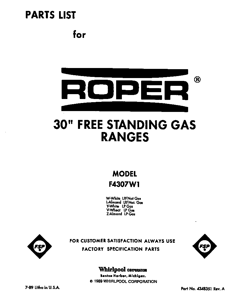Roper F4307W1 front cover diagram