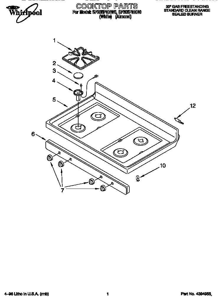 Whirlpool SF305PEEW0 cooktop diagram