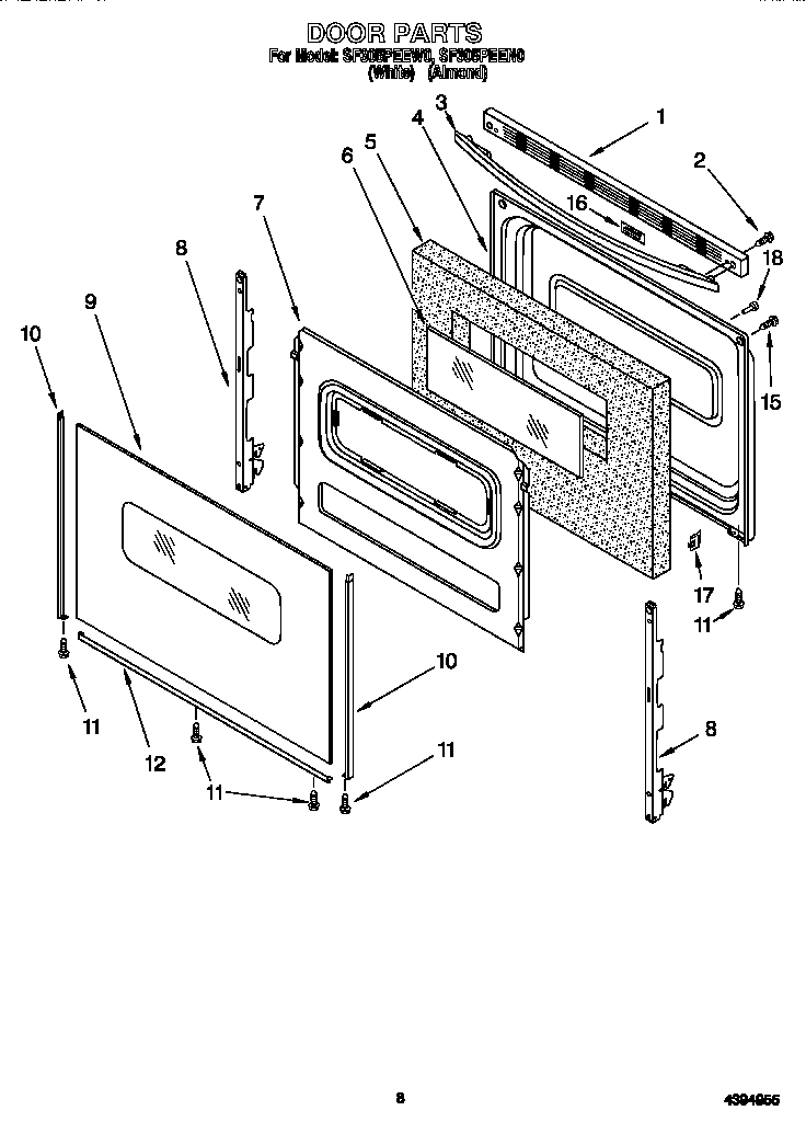 Whirlpool SF305PEEW0 door diagram