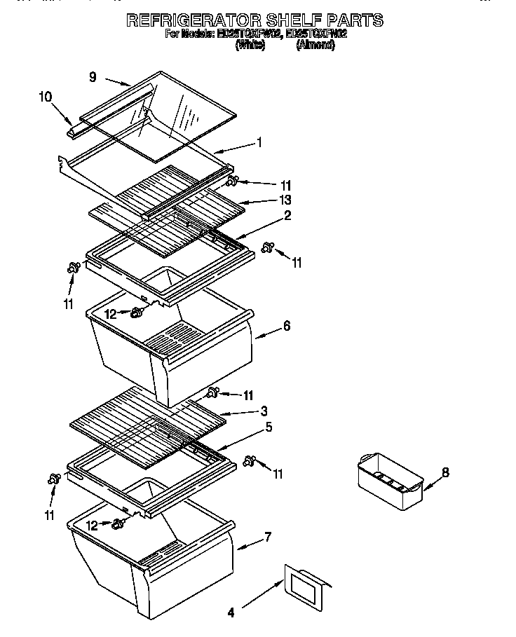 Whirlpool ED25TQXFW02 refrigerator shelf diagram