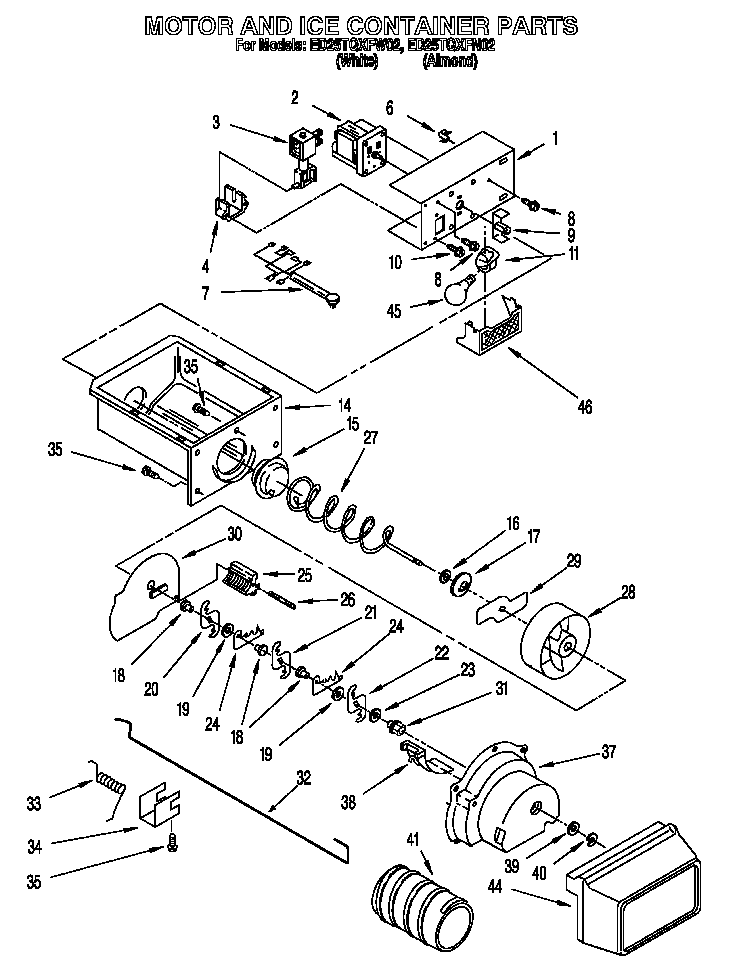 Whirlpool ED25TQXFW02 motor and ice container diagram