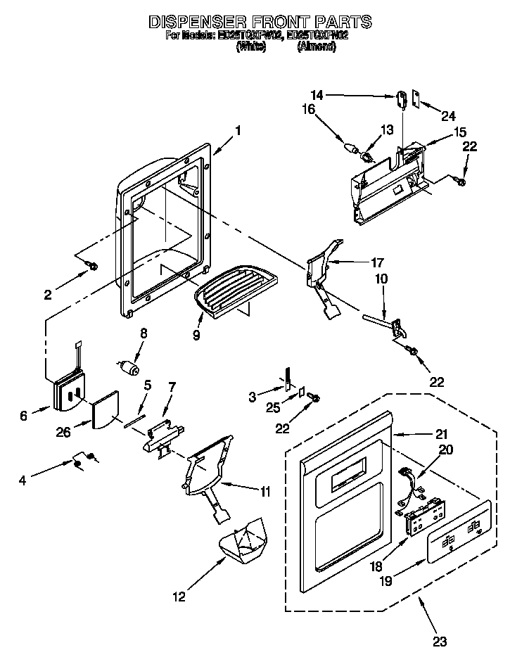 Whirlpool ED25TQXFW02 dispenser front diagram
