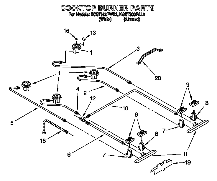 KitchenAid KGST300FWH2 cooktop burner diagram