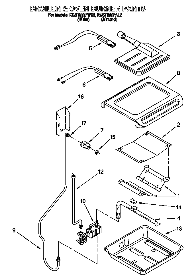 KitchenAid KGST300FWH2 broiler & oven burner diagram