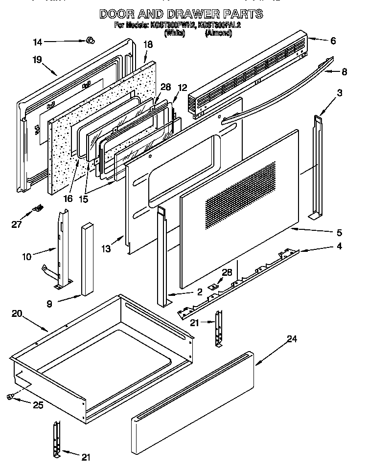KitchenAid KGST300FWH2 door & drawer diagram