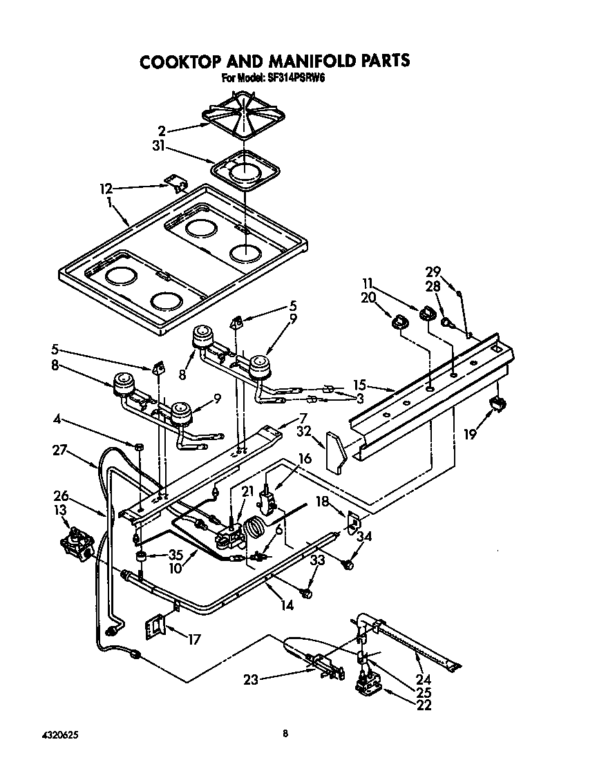Whirlpool SF314PSRW6 cooktop and manifold diagram