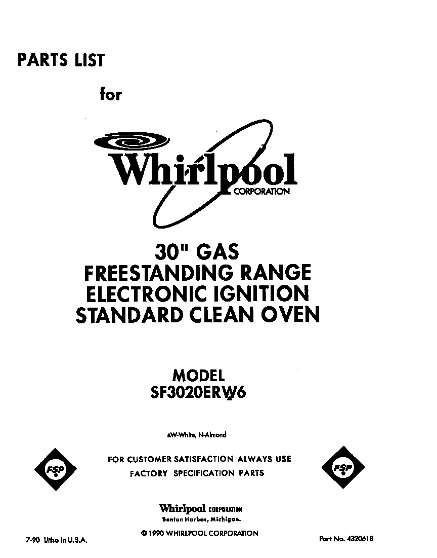 Whirlpool SF3020ERW6 front cover diagram