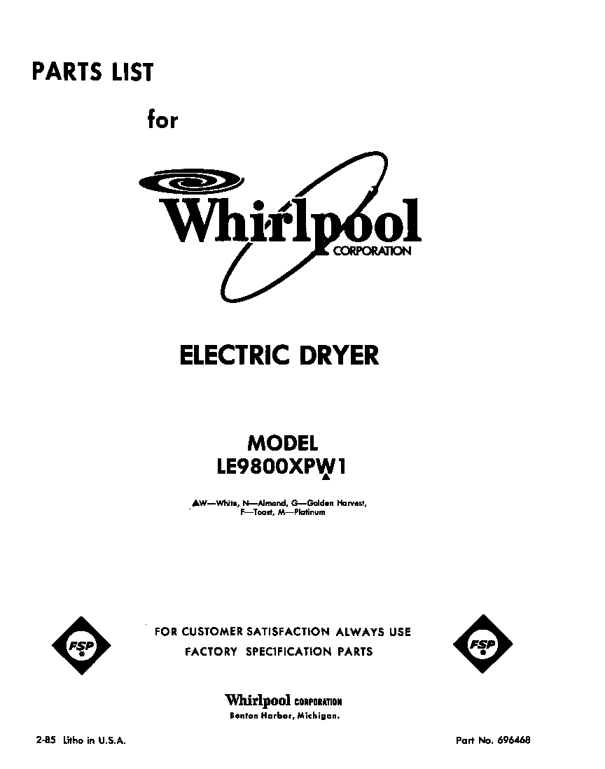 Whirlpool LE9800XPT1 front cover diagram