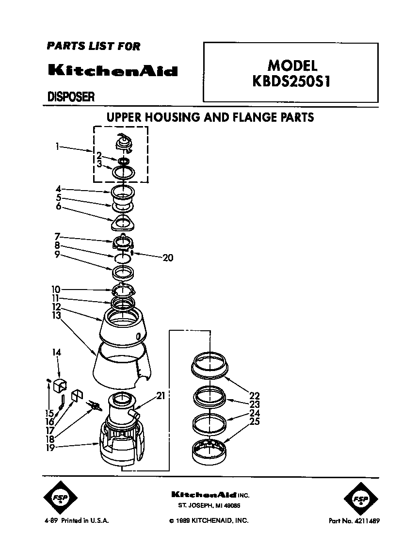 KitchenAid KBDS250S1 disposer assembly diagram