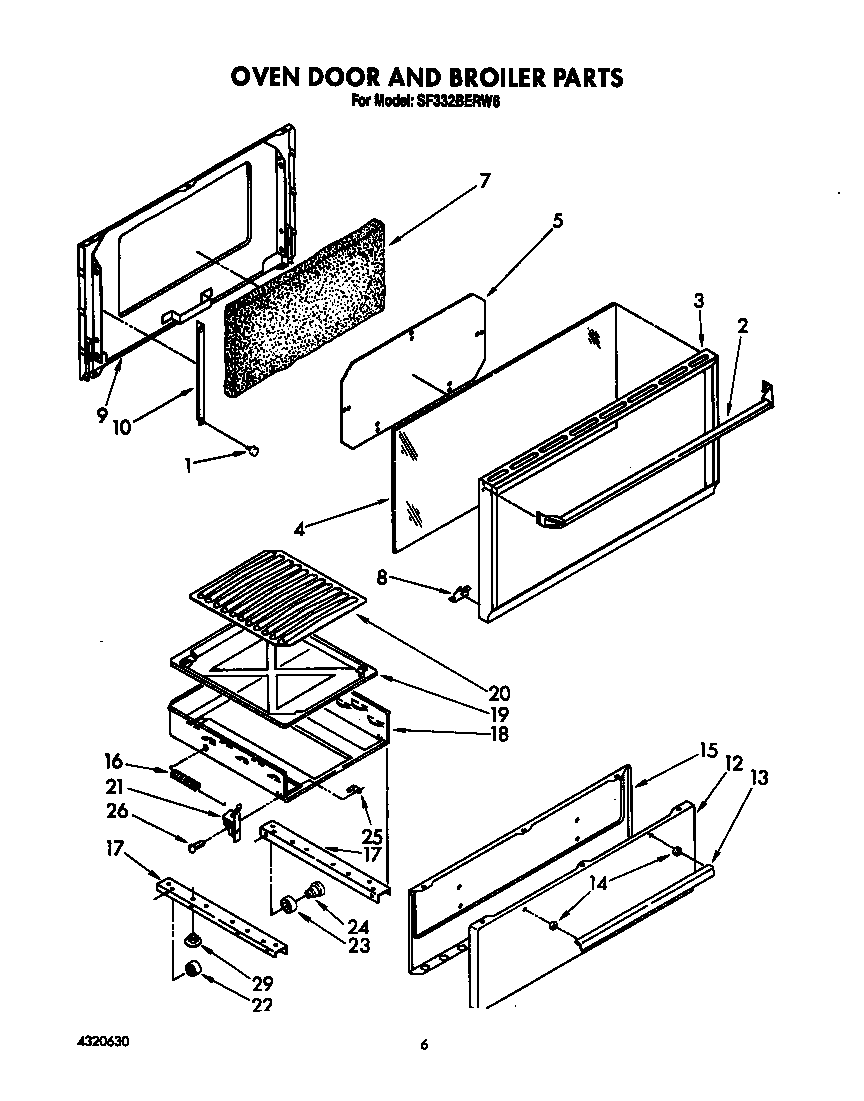 Whirlpool SF332BERN6 oven door and broiler diagram