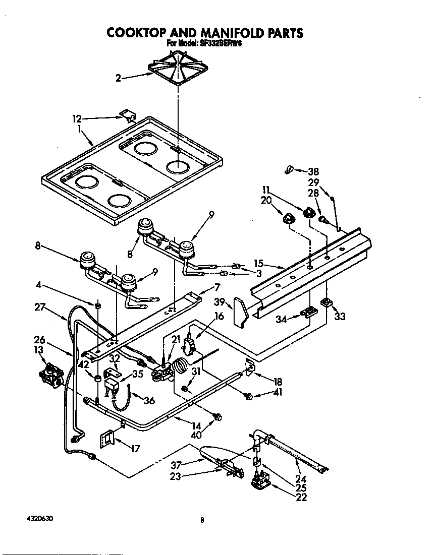 Whirlpool SF332BERN6 cooktop and manifold diagram