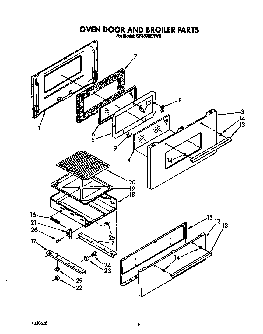 Whirlpool SF3300ERW6 oven door and broiler diagram
