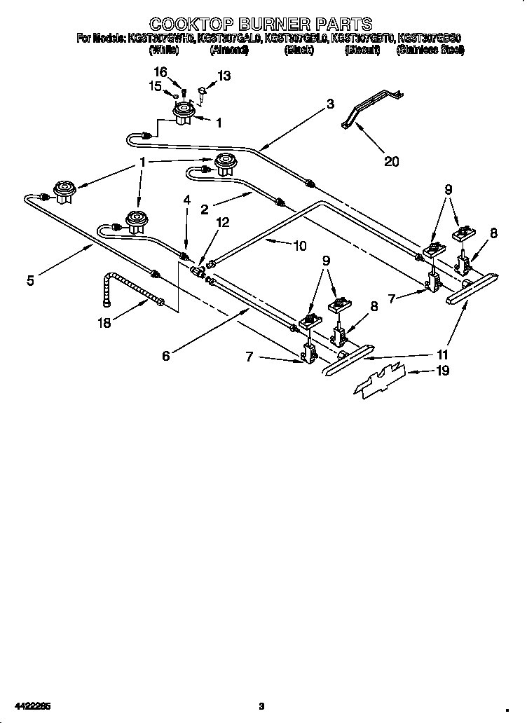 KitchenAid KGST307GWH0 cooktop burner diagram