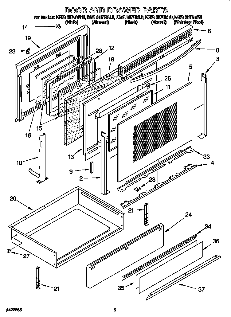 KitchenAid KGST307GWH0 door and drawer diagram