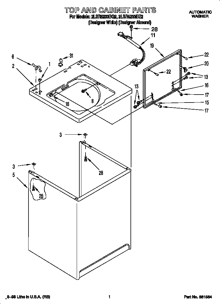 Whirlpool 2LSR5233BQ2 top and cabinet diagram