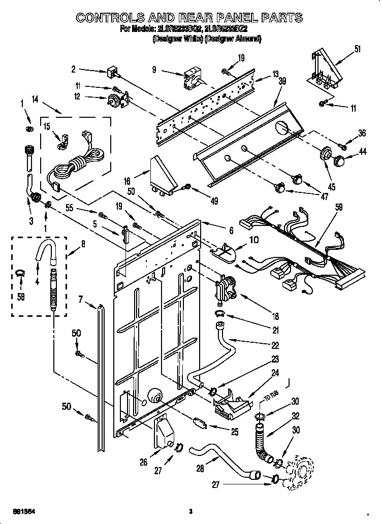 Whirlpool 2LSR5233BQ2 controls and rear panel diagram