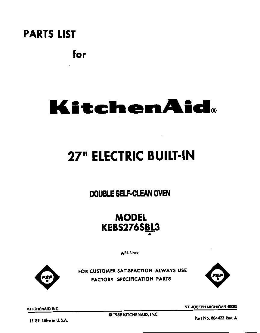 KitchenAid KEBS276SBL3 front cover diagram