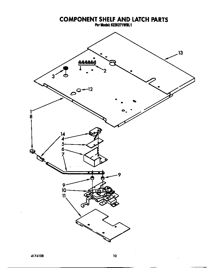 KitchenAid KEBI271WBL1 component shelf and latch diagram