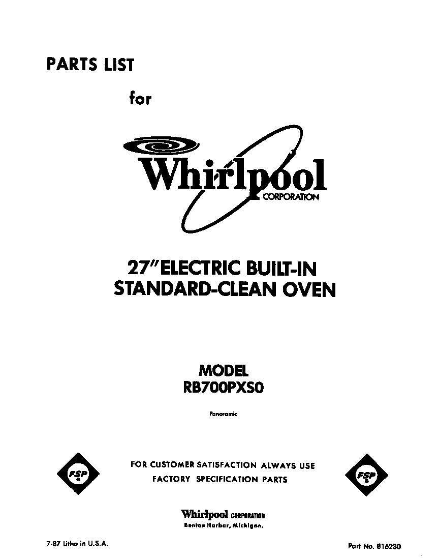 Whirlpool RB700PXS0 front cover diagram