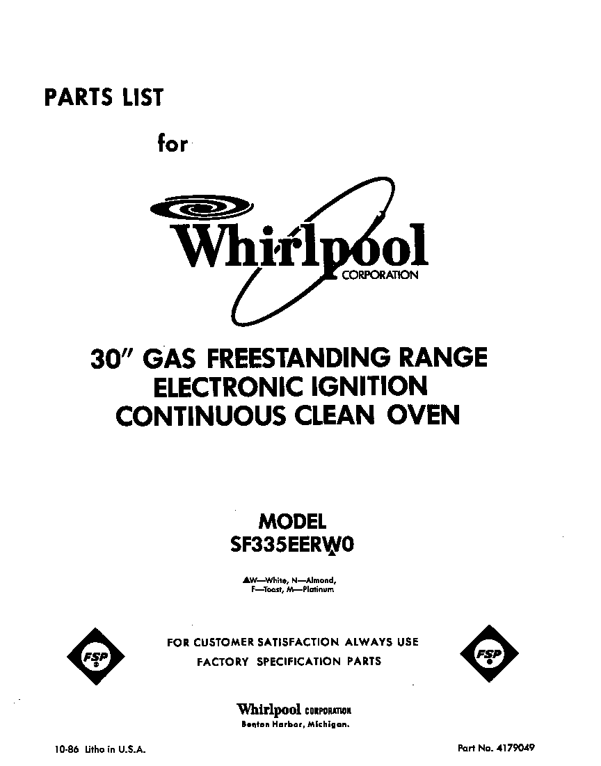 Whirlpool SF335EERW0 front cover diagram
