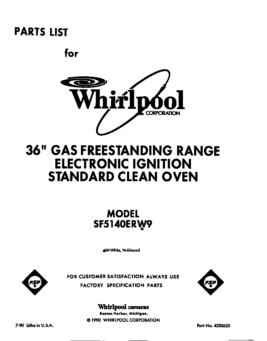 Whirlpool SF5140ERW9 front cover diagram