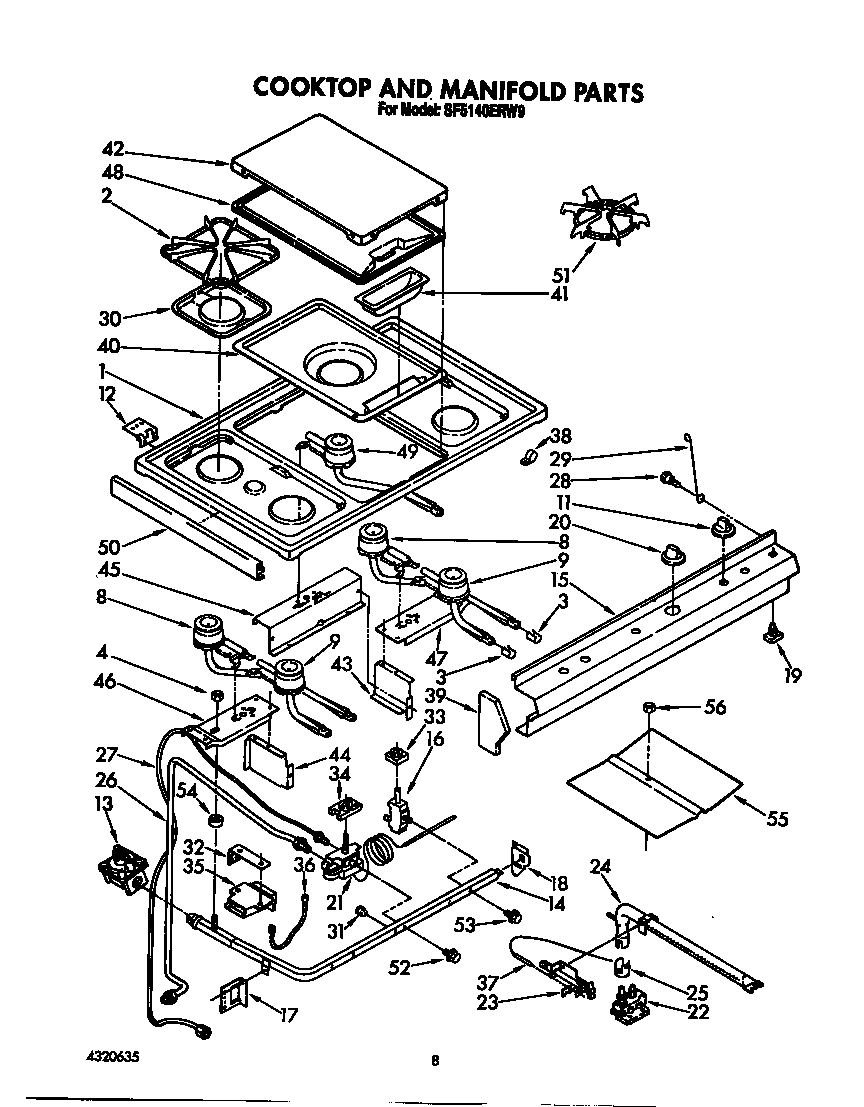 Whirlpool SF5140ERW9 cooktop and manifold diagram