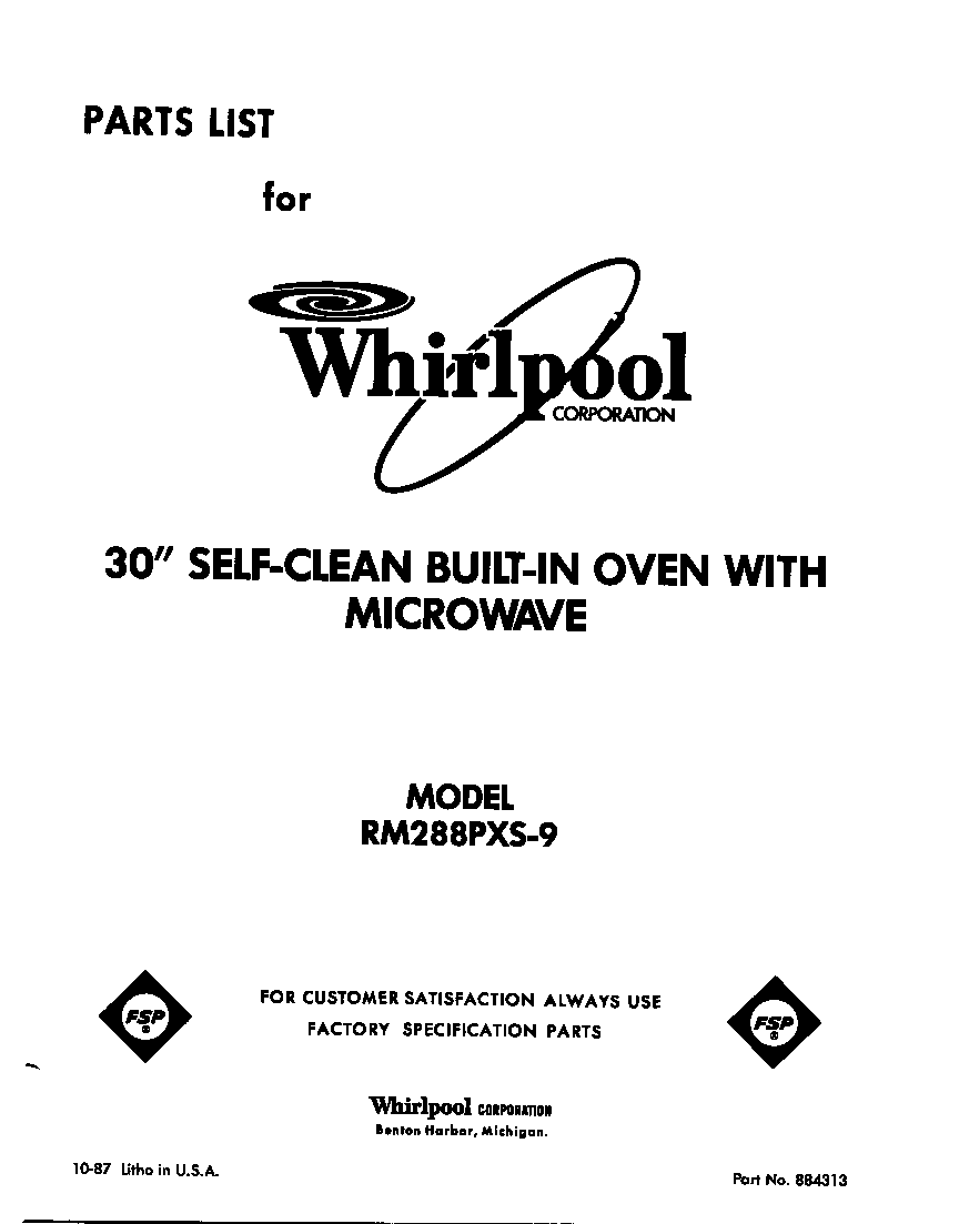 Whirlpool RM288PXS9 front cover diagram