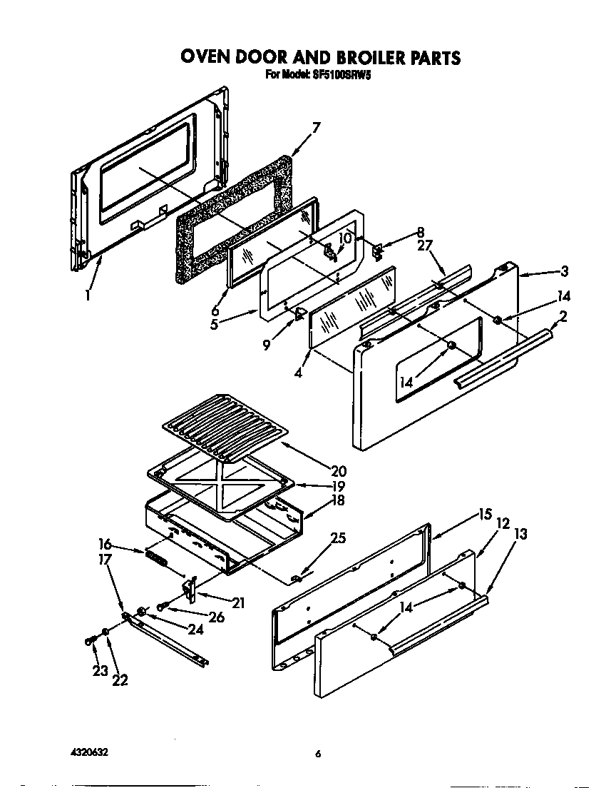 Whirlpool SF5100SRW5 oven door and broiler diagram