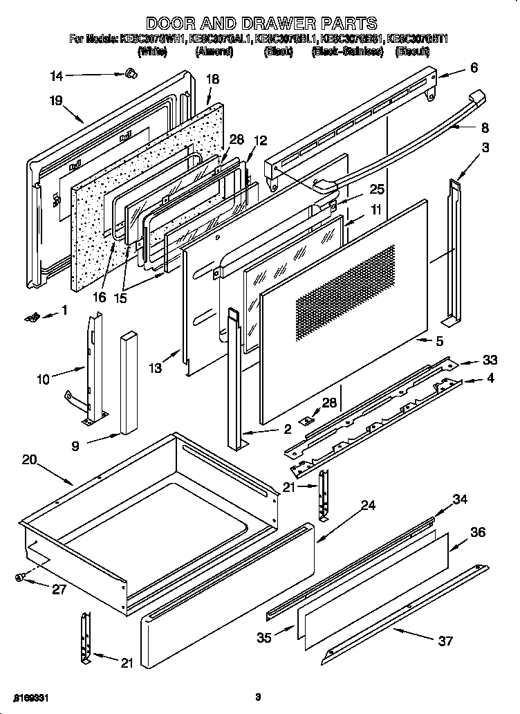 KitchenAid KESC307GBL1 door and drawer diagram