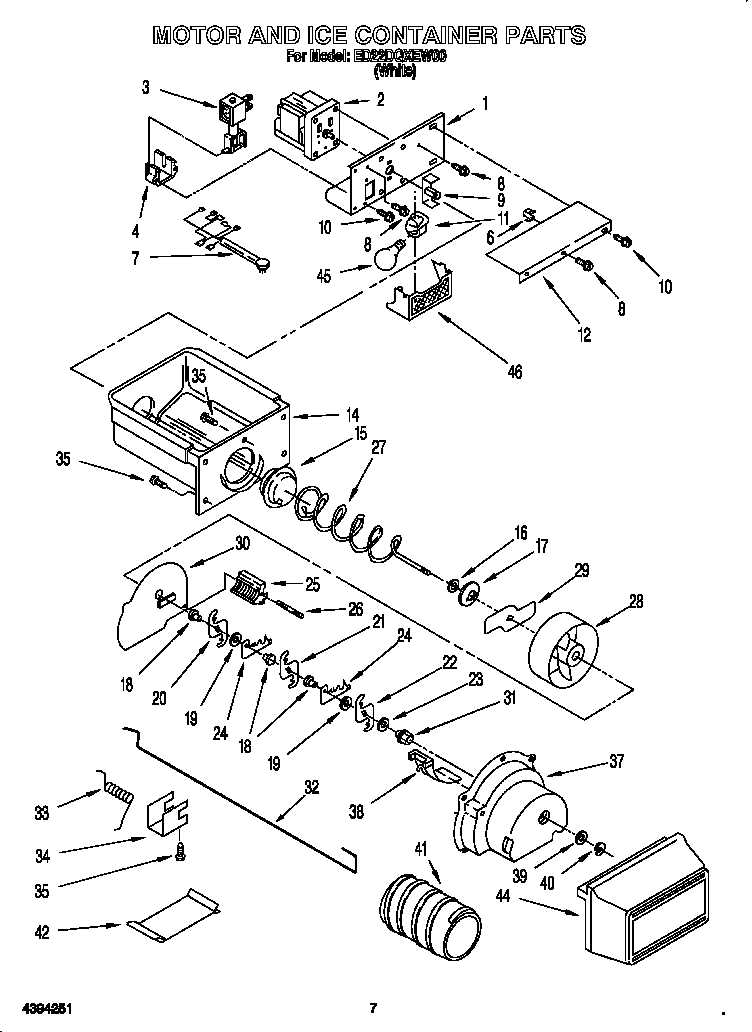 Whirlpool ED22DQXEW00 motor and ice container parts diagram