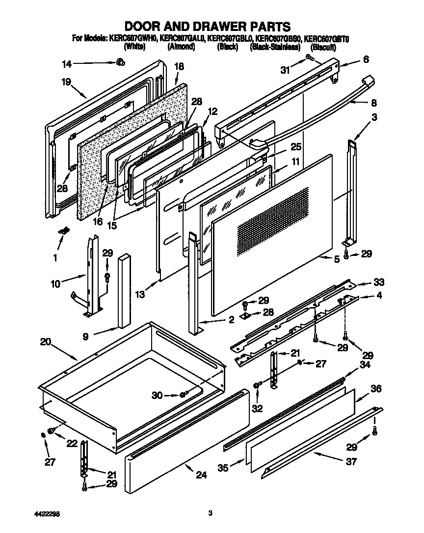 KitchenAid KERC607GBL0 door and drawer diagram