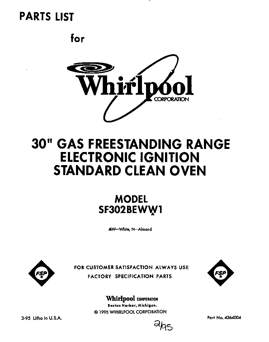 Whirlpool SF302BEWW1 cover diagram