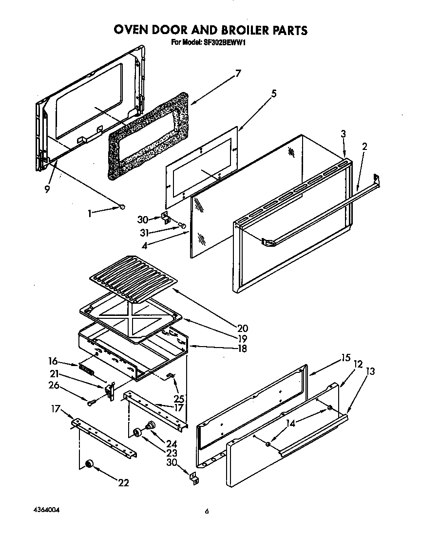 Whirlpool SF302BEWW1 oven door and broiler diagram