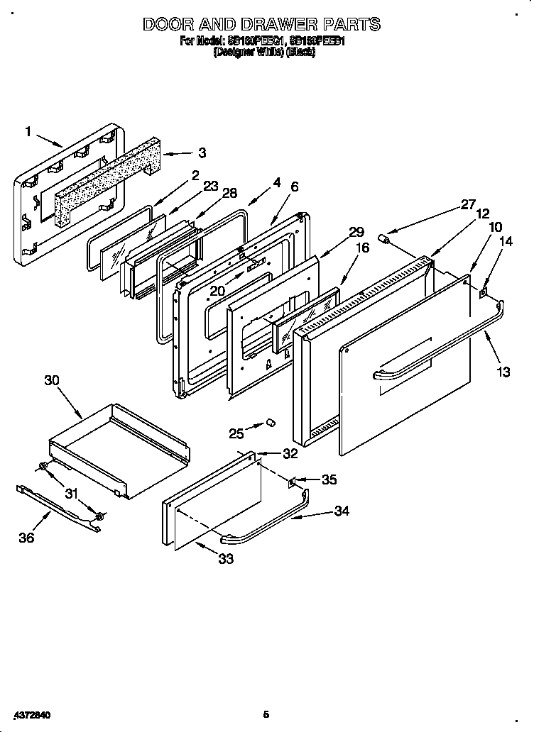 Whirlpool SB160PEEB1 door and drawer diagram