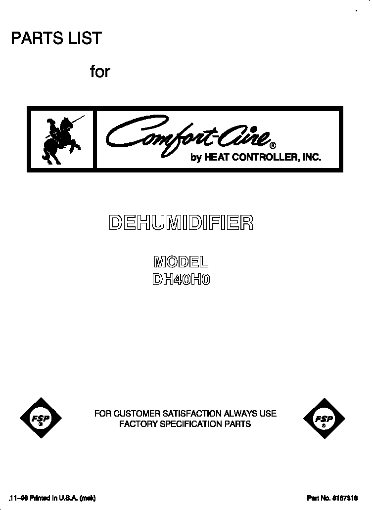 Comfort-Aire DH40H0 front cover diagram