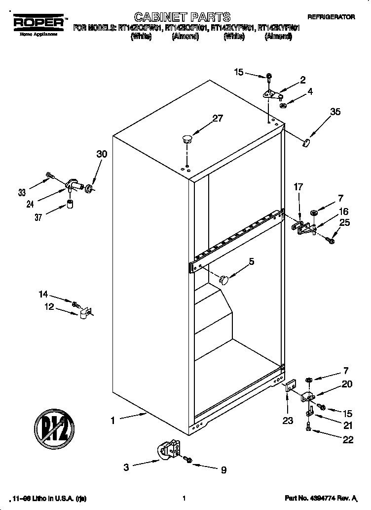 Roper RT14ZKYFW01 cabinet diagram