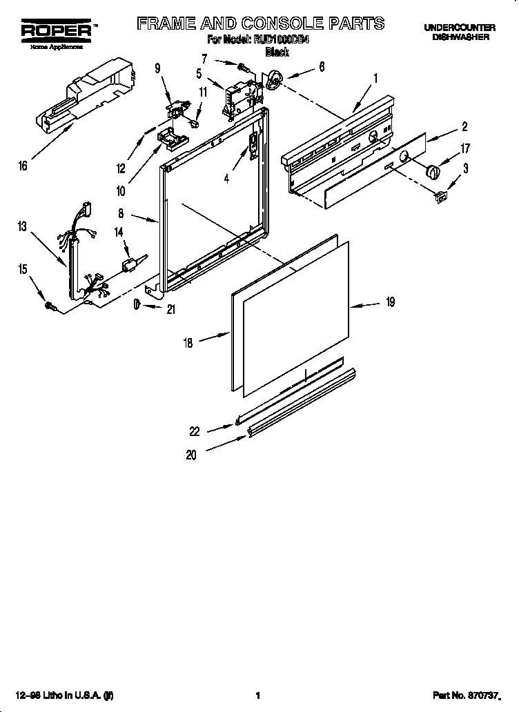 Roper RUD1000DB4 frame and console diagram