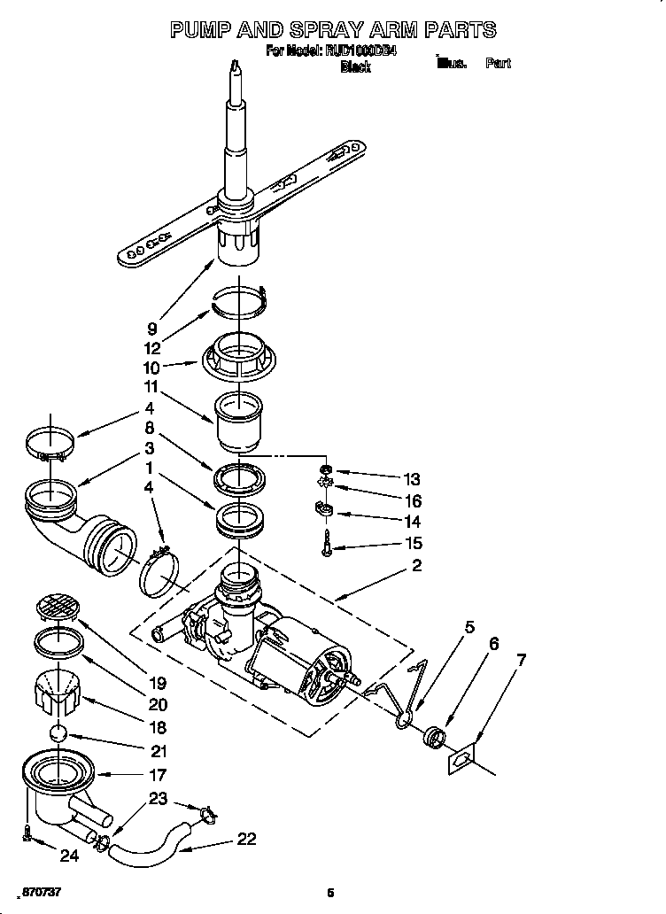 Roper RUD1000DB4 pump and spray arm diagram