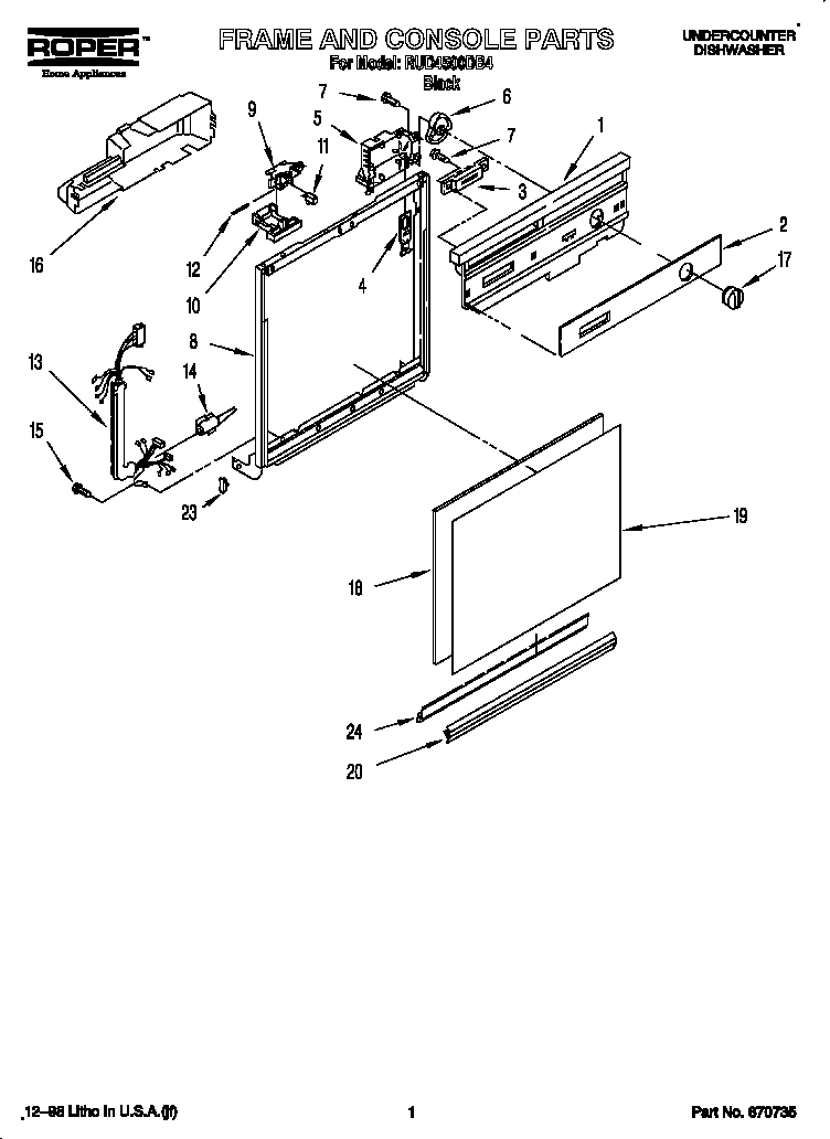 Roper RUD4500DB4 frame and console diagram