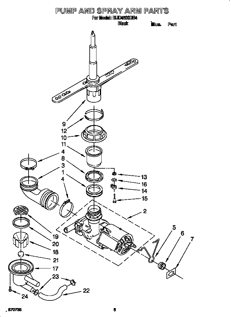 Roper RUD4500DB4 pump and spray arm diagram