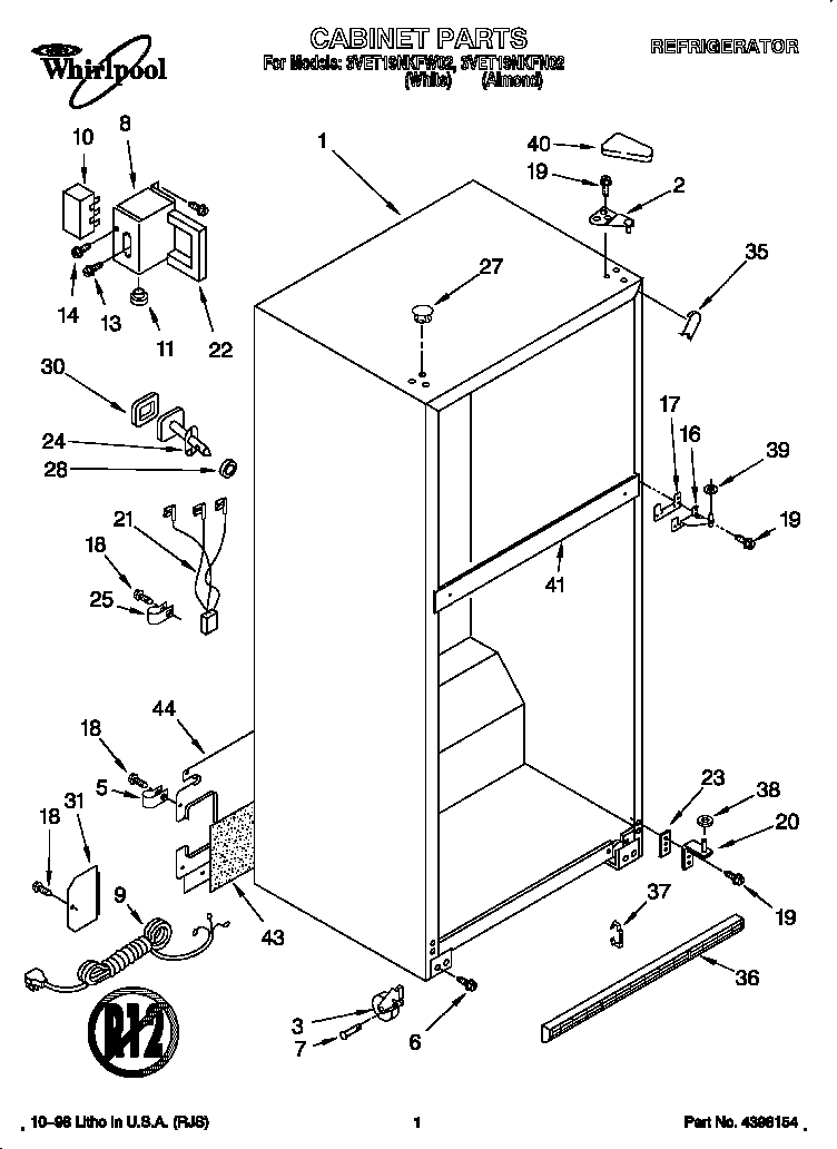 Whirlpool 3VET19NKFW02 cabinet diagram