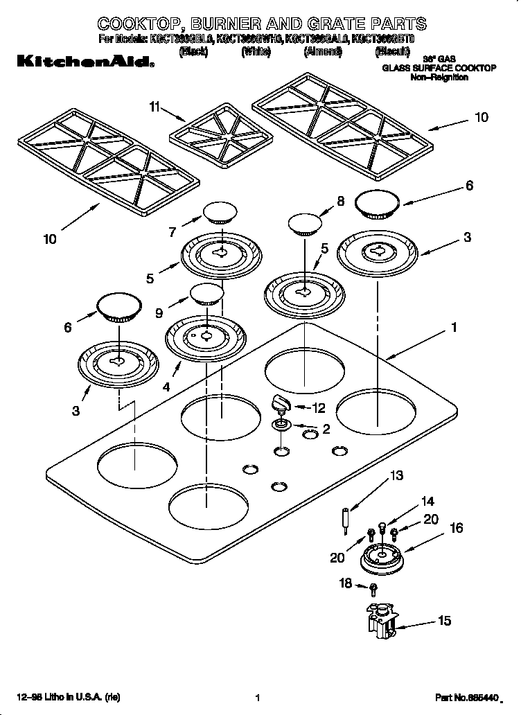 KitchenAid KGCT366GBT0 cooktop, burner and grate diagram