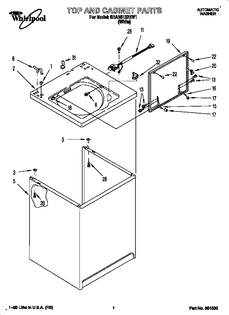 Whirlpool 6RAB5132EW1 top and cabinet diagram