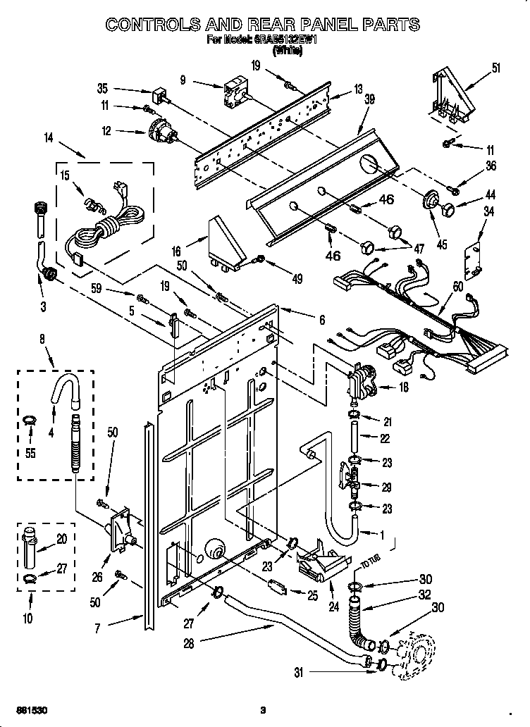 Whirlpool 6RAB5132EW1 controls and rear panel diagram