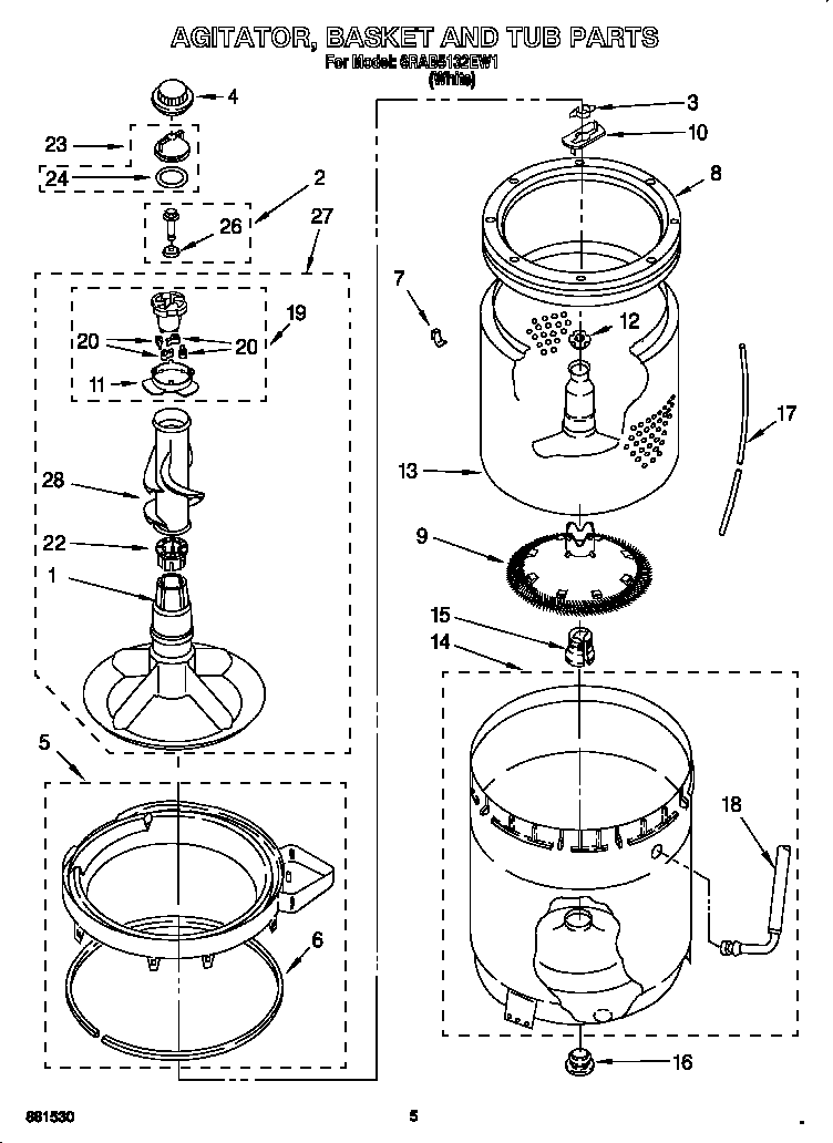 Whirlpool 6RAB5132EW1 agitator, basket and tub diagram